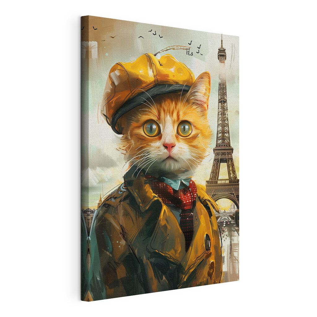 Gatito en París, lienzo tensado con el borde envolvente