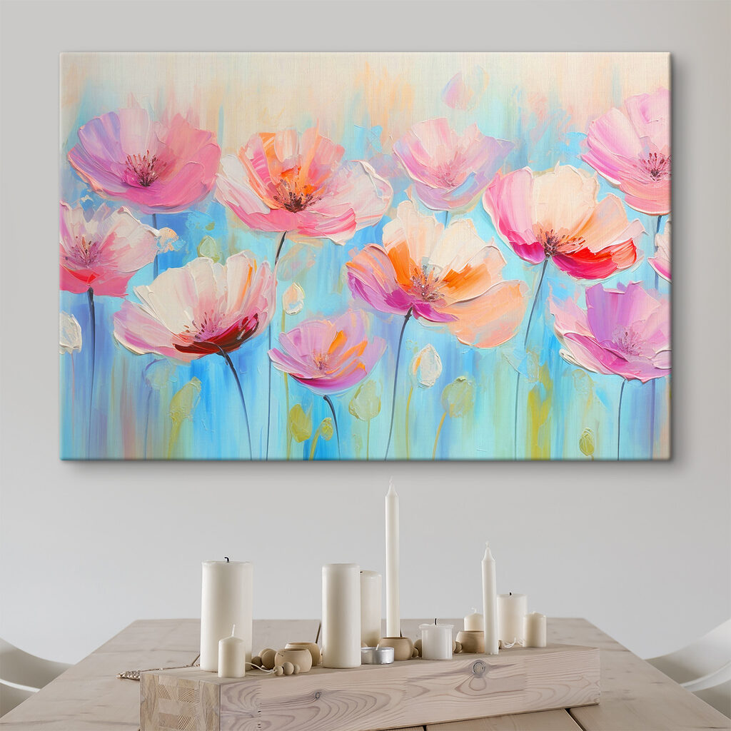 Flores rosas sobre azul en un interior