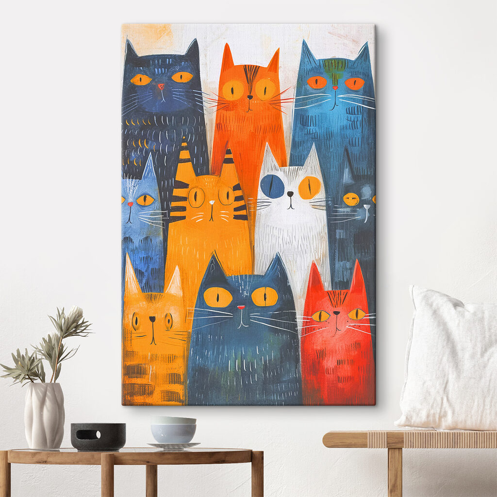 Gatos en filas coloridas en un interior