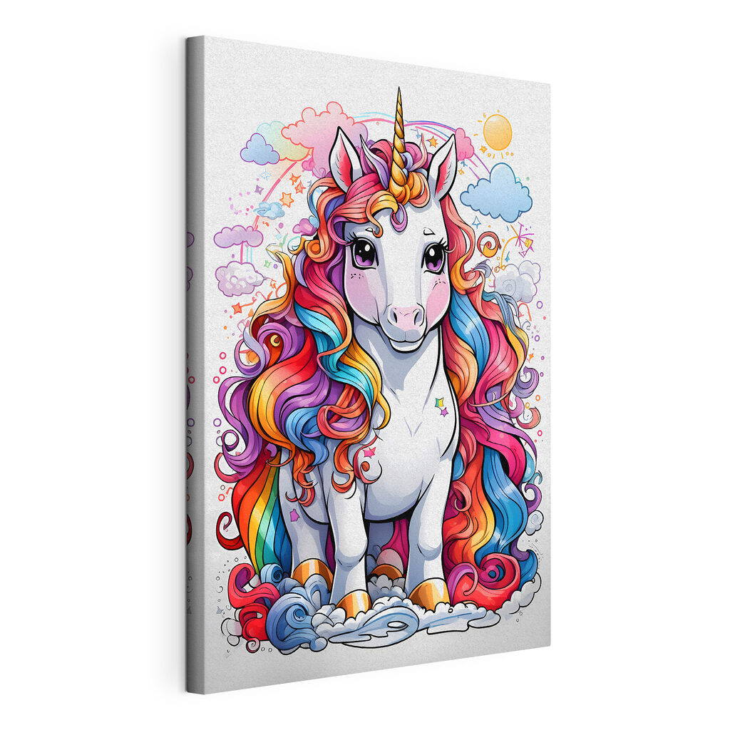 Unicornio lleno de rizos, lienzo tensado con el borde envolvente