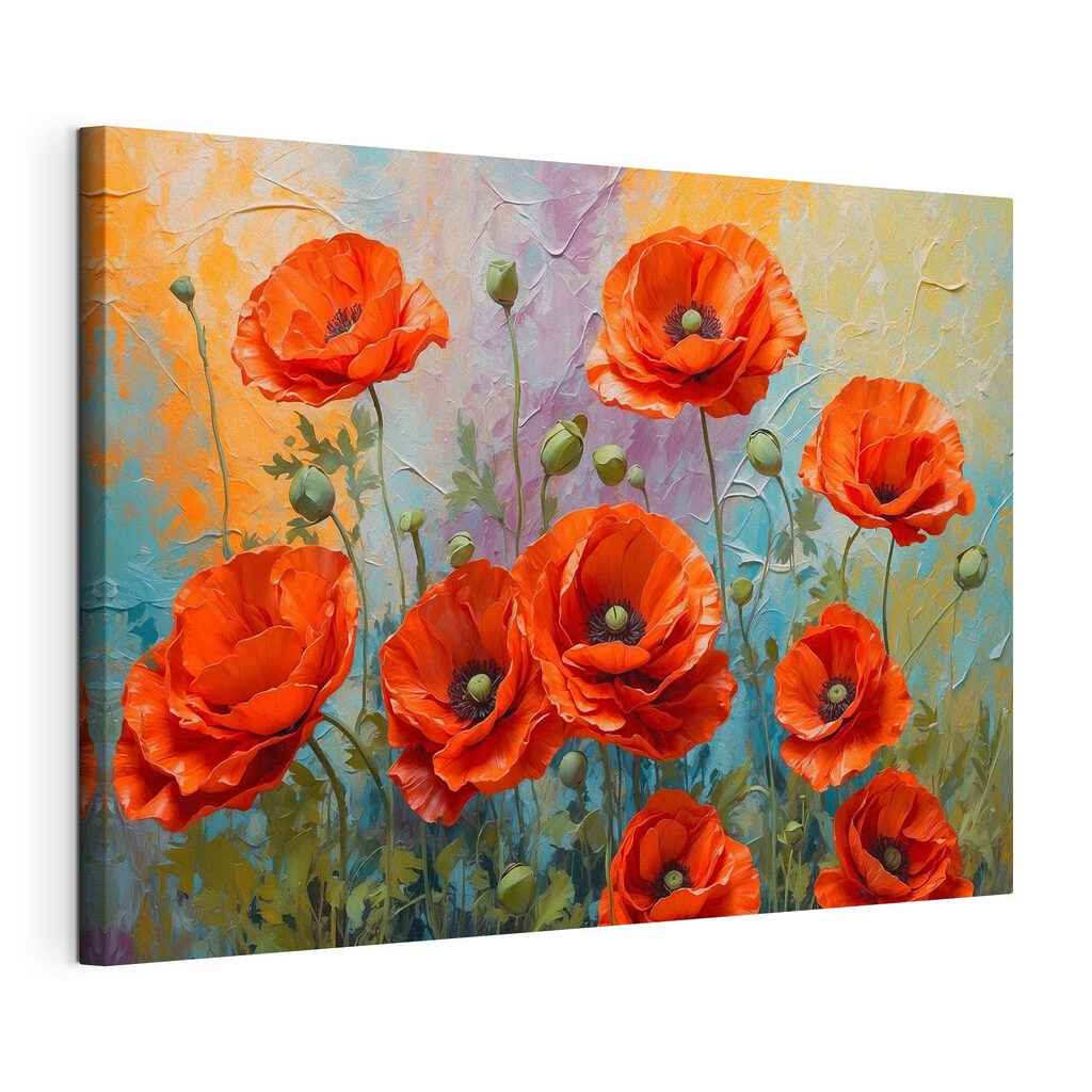 Amapolas rojas sobre azul, lienzo tensado con el borde envolvente