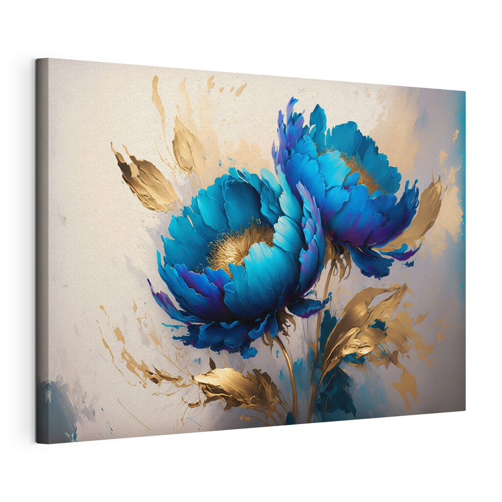 Dos flores azul cobalto, lienzo tensado con el borde envolvente