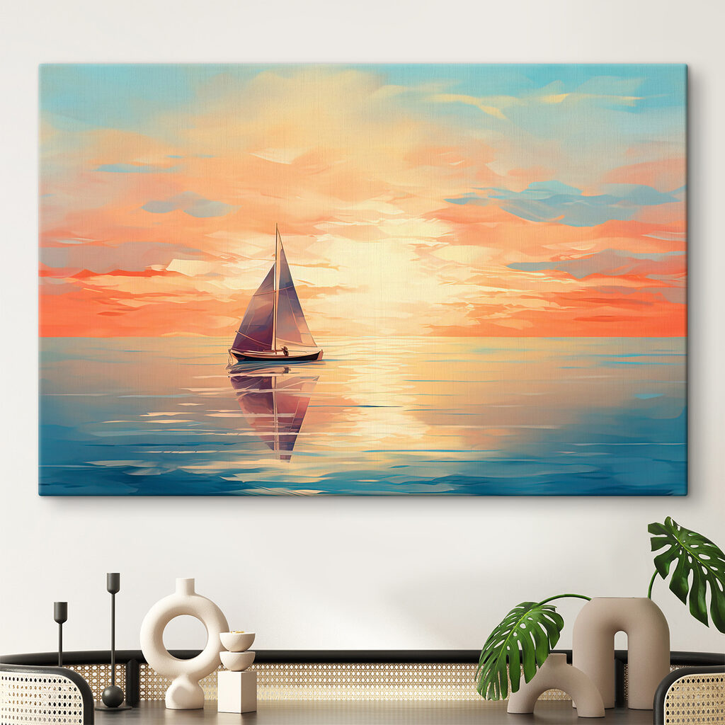 Velero sobre reflejos cálidos en un interior