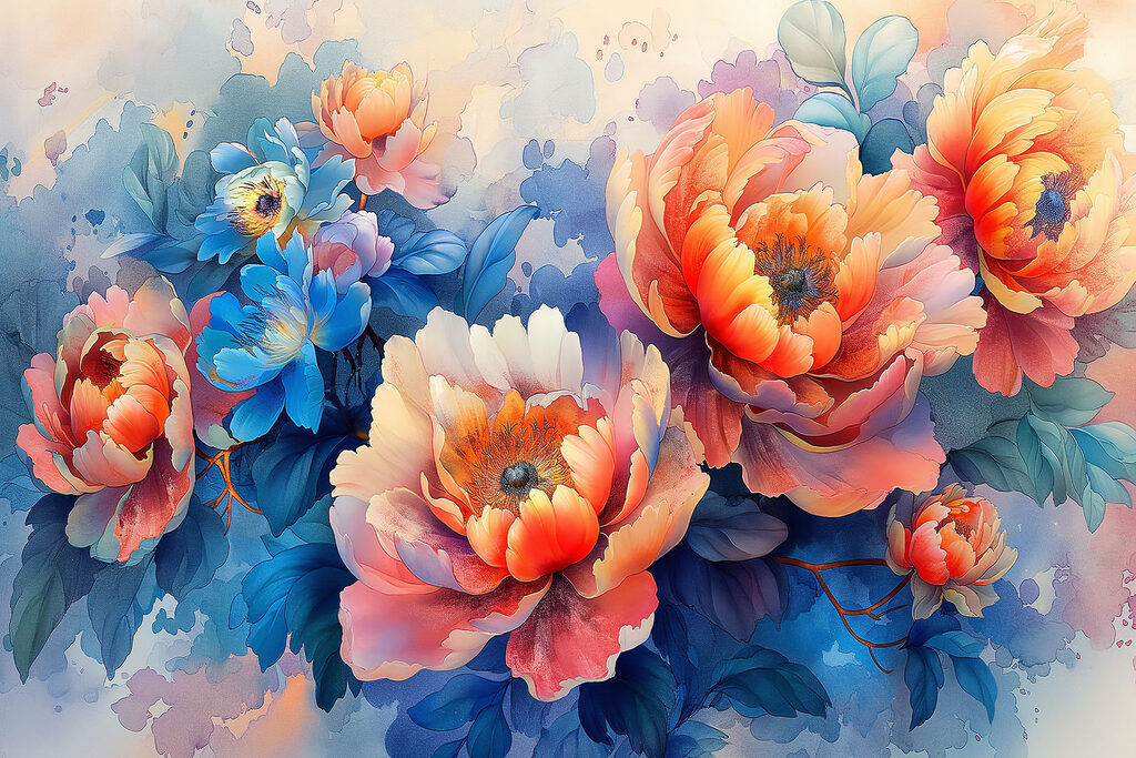 Flores naranjas entre azul — diseño completo