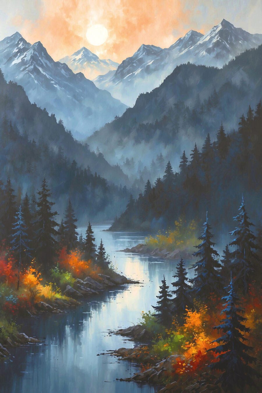 Río entre bosques montañosos — diseño completo