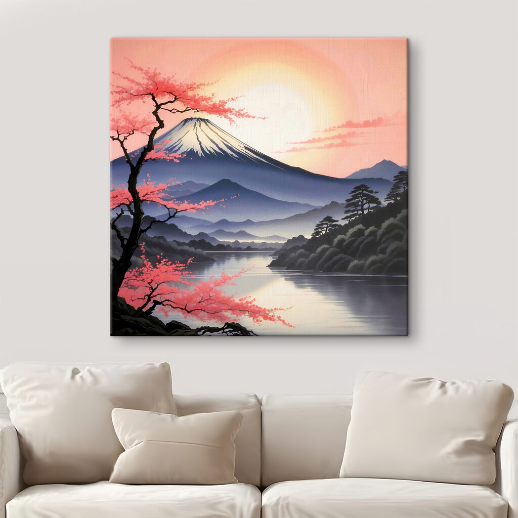 Montaña bajo cielo rosa en un interior