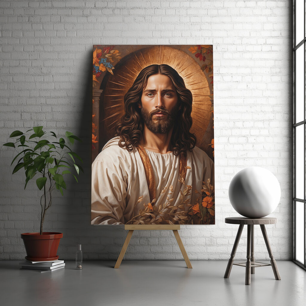 Jesús con aureola dorada en un interior
