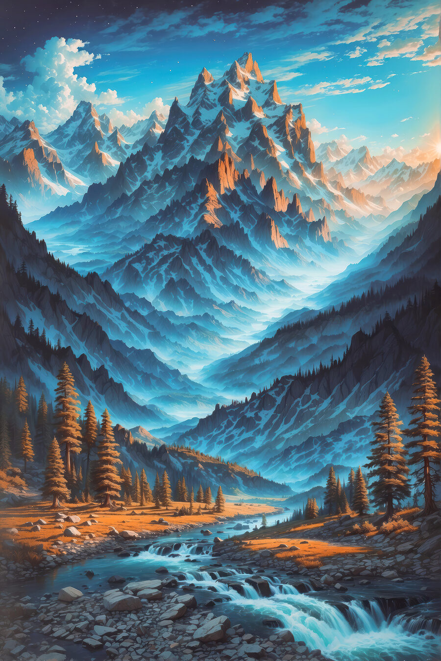 Arroyo entre picos agudos — diseño completo
