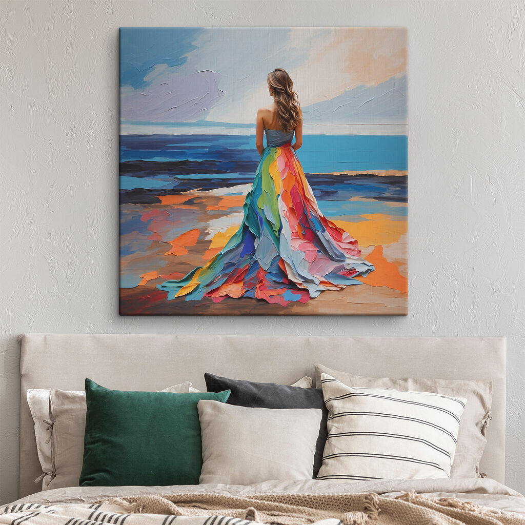 Vestido lleno de color en un interior