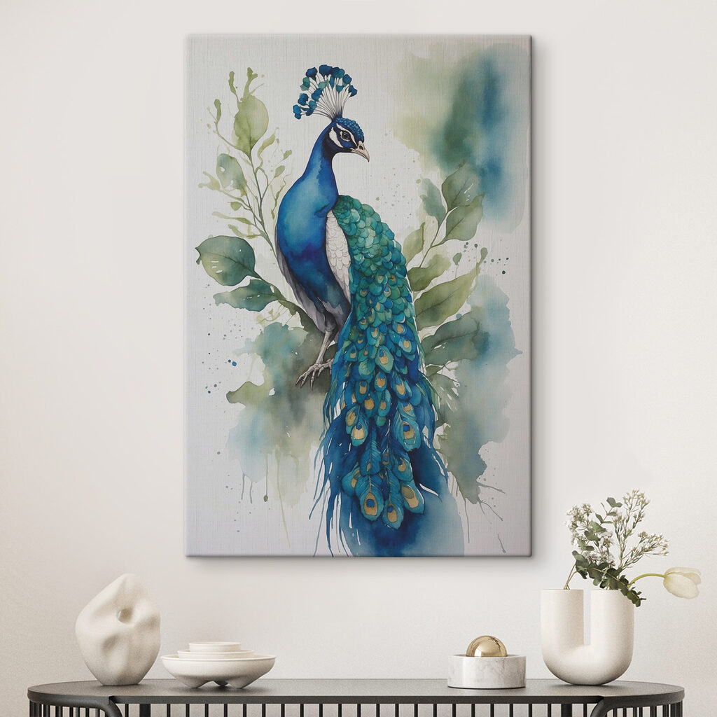 Pavo real en acuarela en un interior