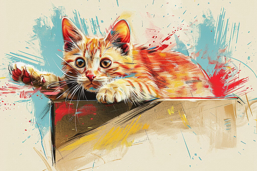 Gatito entre salpicaduras — diseño completo