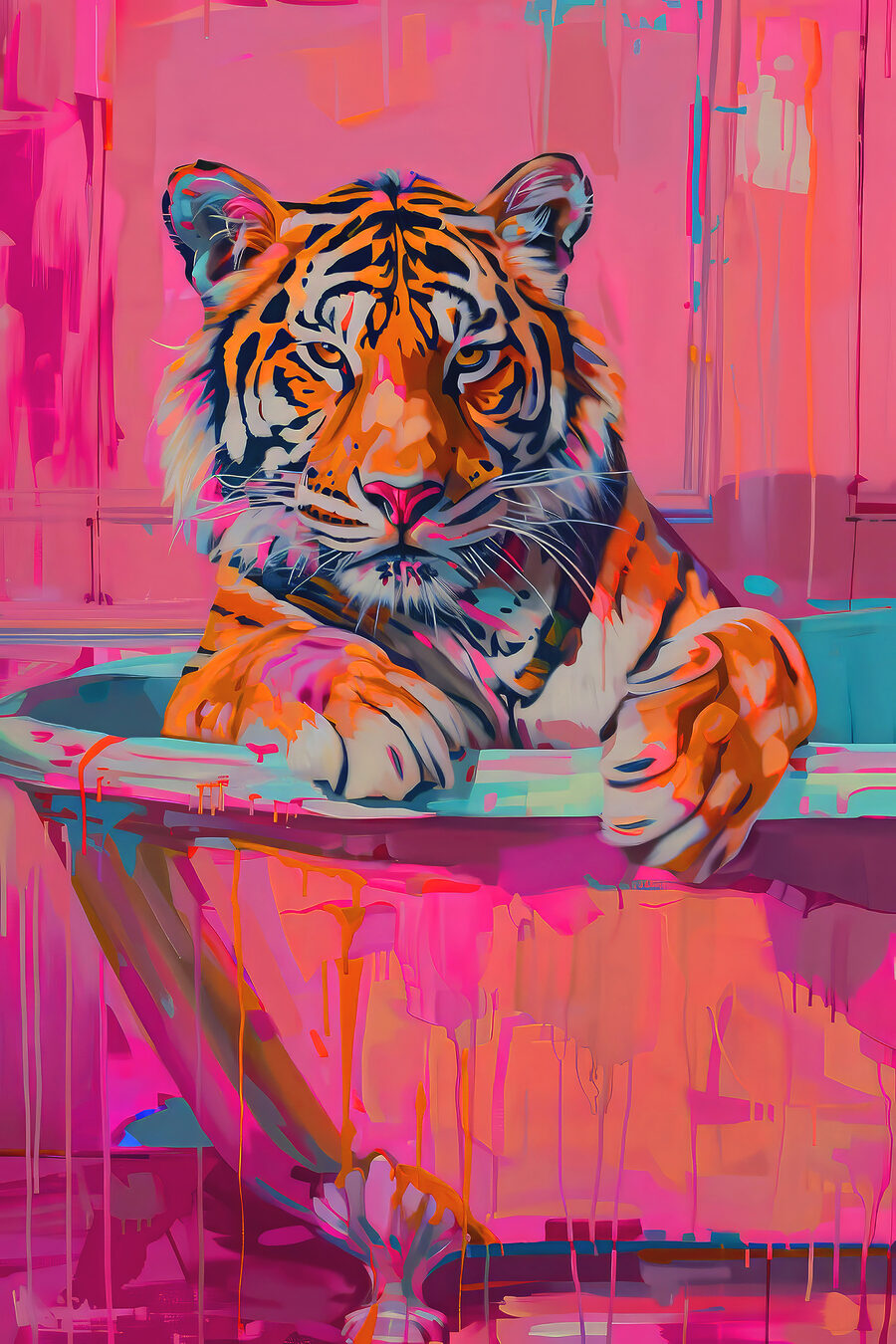 Tigre sobre trazos rosas — diseño completo