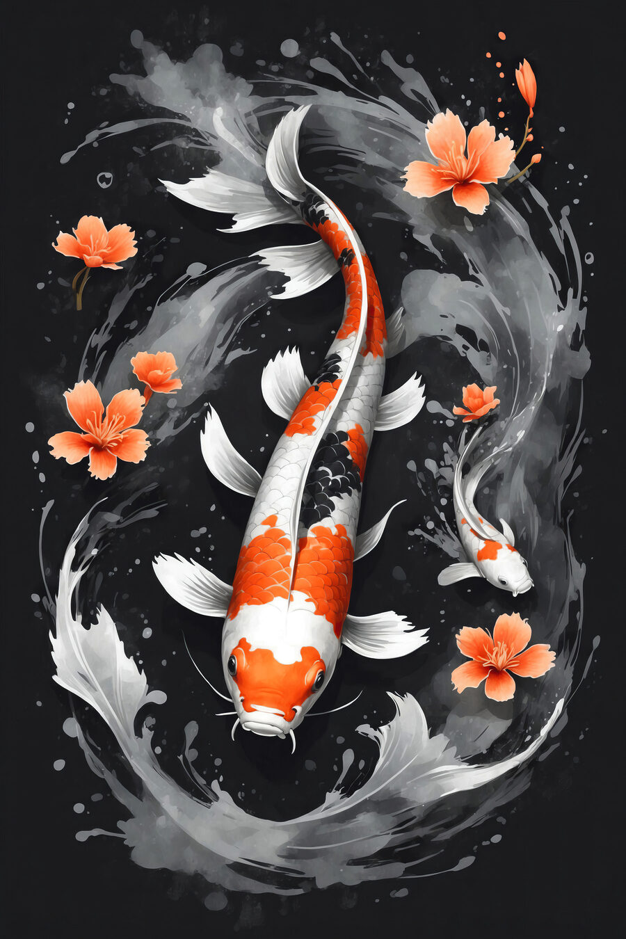Koi entre flores naranjas — diseño completo