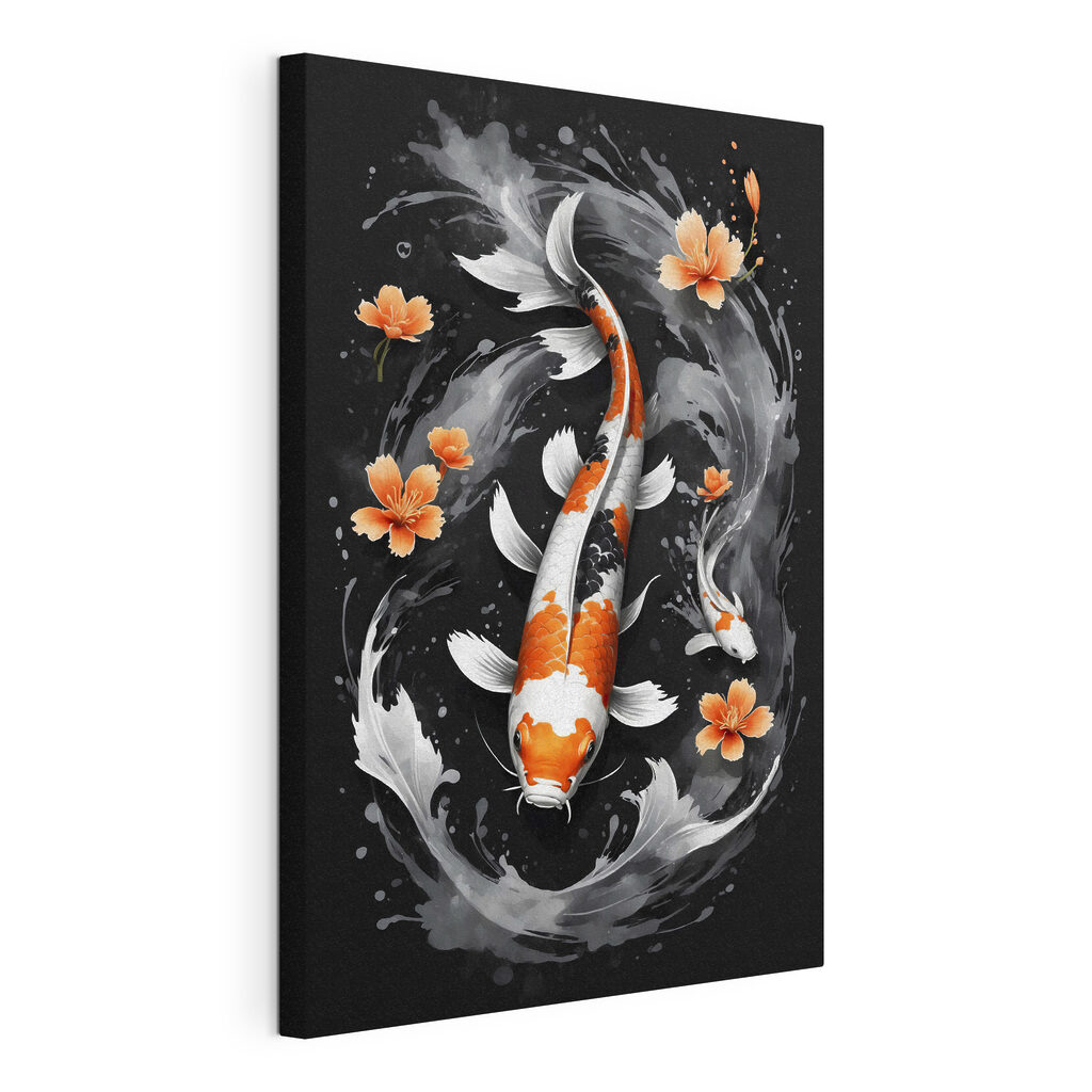 Koi entre flores naranjas, lienzo tensado con el borde envolvente
