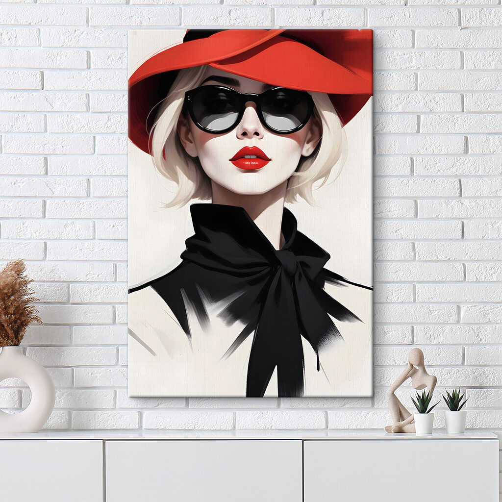 Mujer con sombrero rojo en un interior