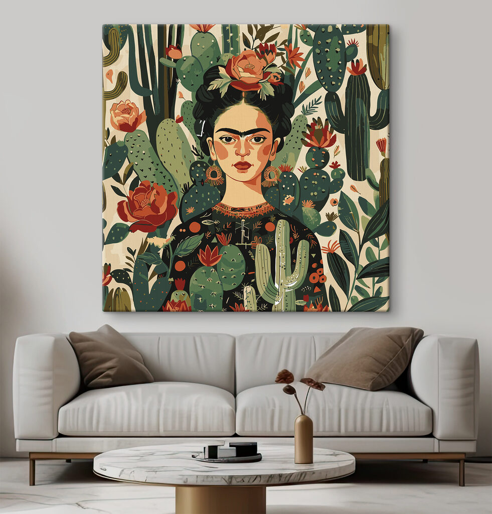 Frida entre flores rojas en un interior