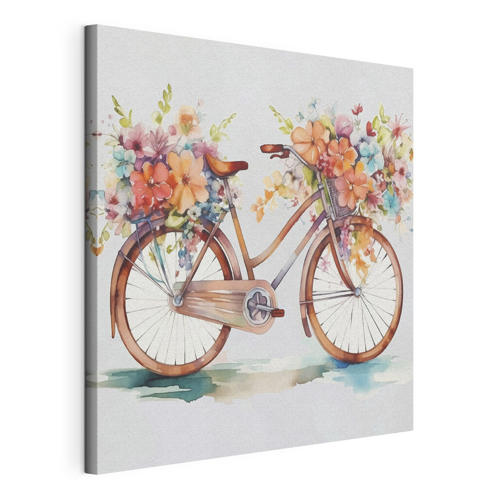 Bicicleta llena de flores, lienzo tensado con el borde envolvente