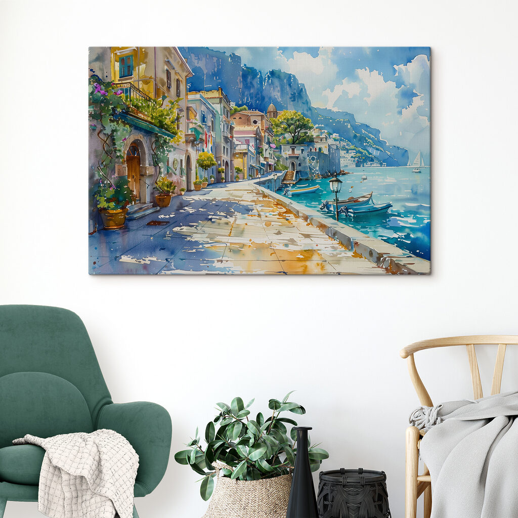 Casas amarillas, agua azul en un interior