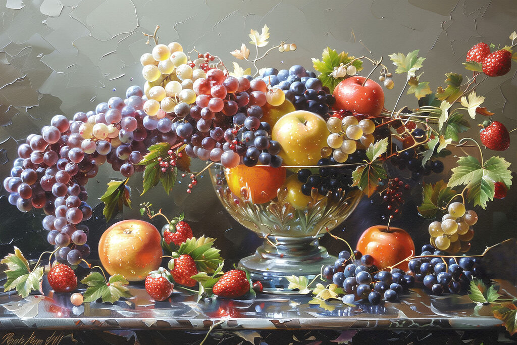 Uvas en un frutero — diseño completo
