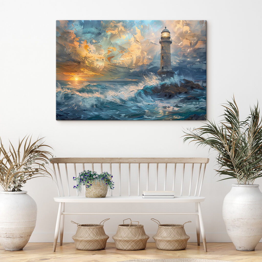 Faro entre olas en un interior