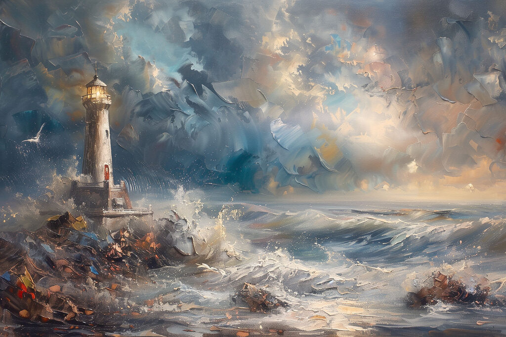 Faro sobre costa rocosa — diseño completo