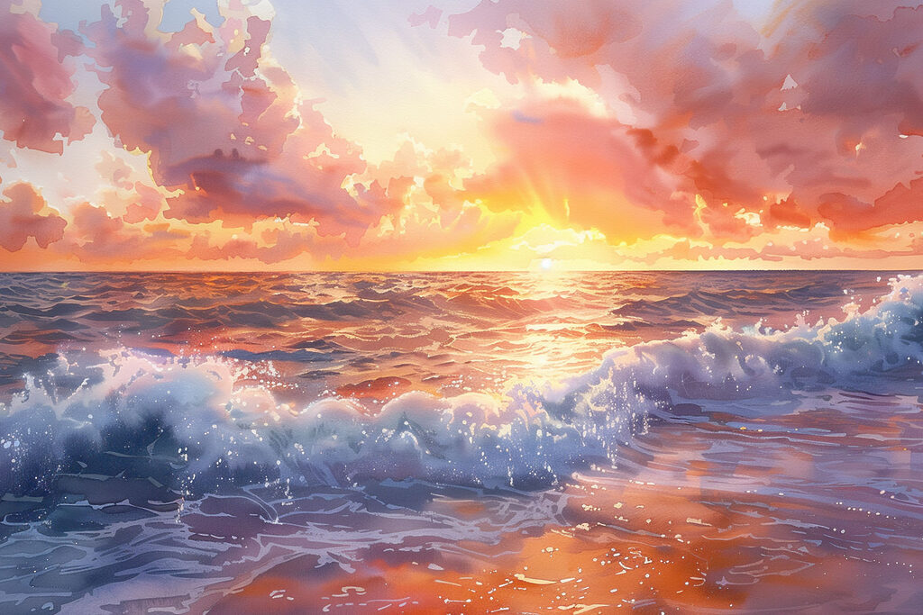 Nubes rosas sobre olas — diseño completo