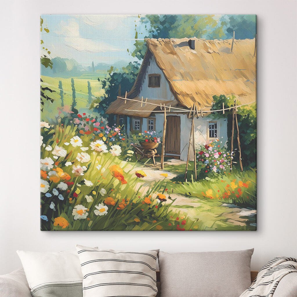 Casita entre margaritas en un interior