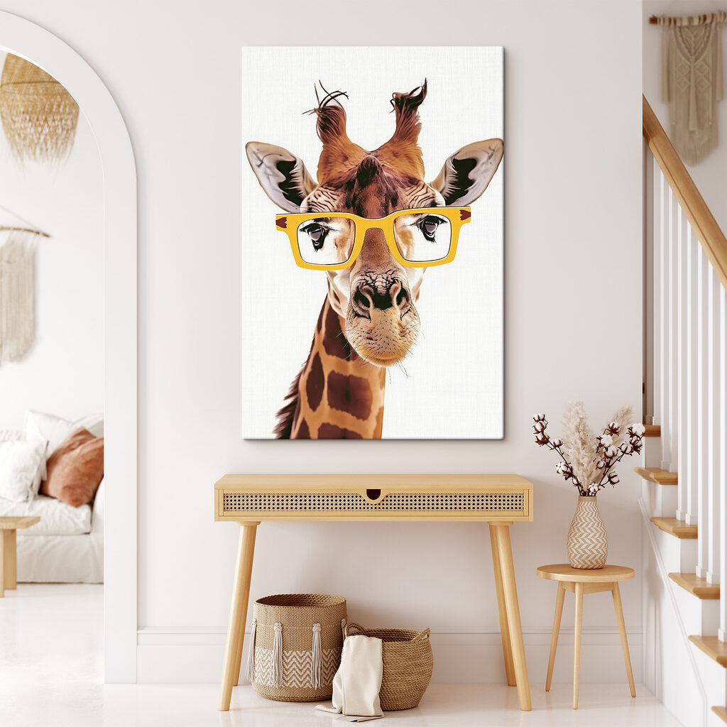 Jirafa con gafas amarillas en un interior