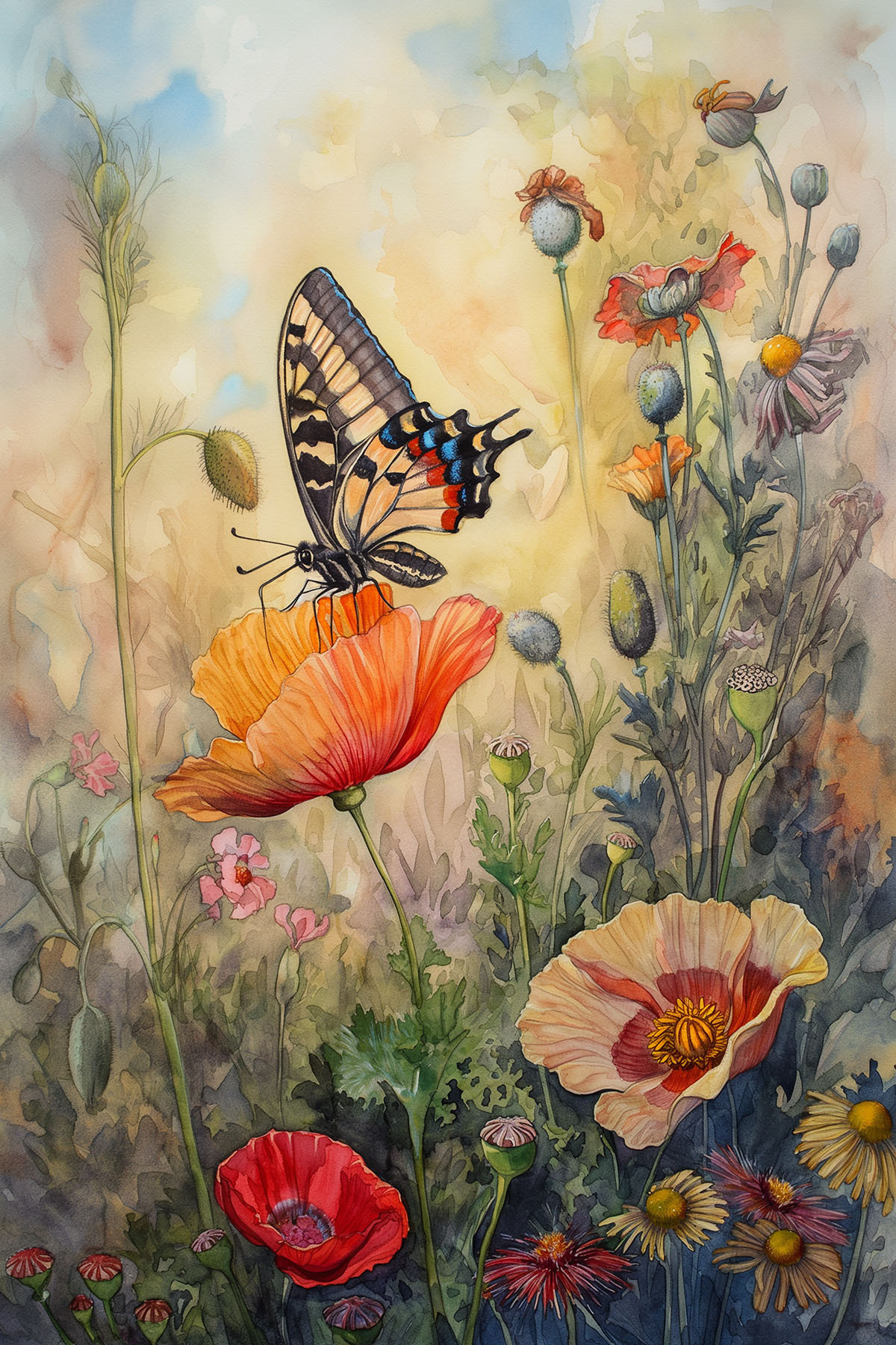 Mariposa sobre amapolas — diseño completo