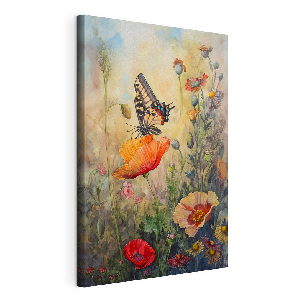 Mariposa sobre amapolas, lienzo tensado con el borde envolvente
