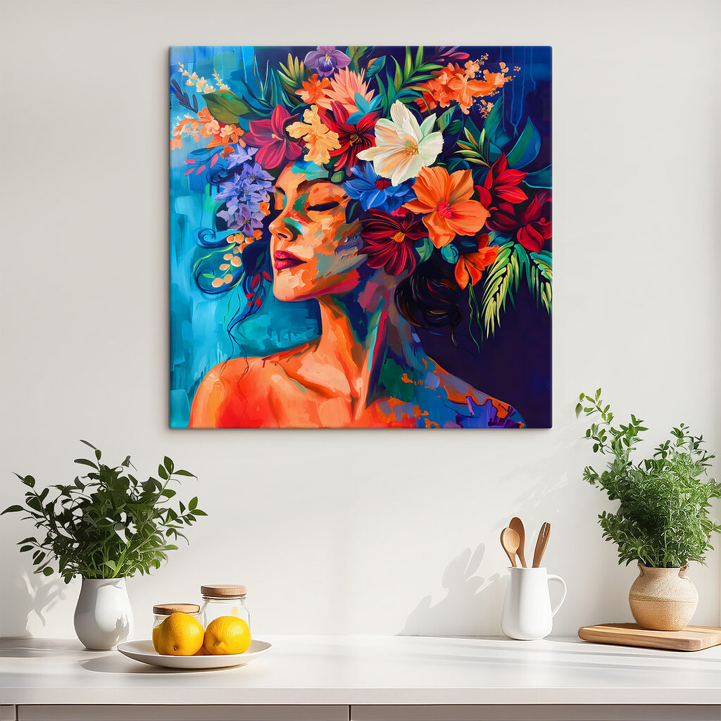Mujer con tocado floral en un interior