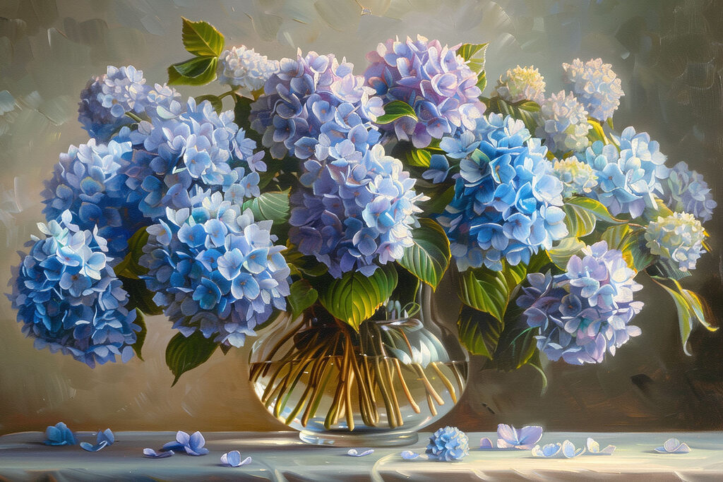 Hortensias azules en cristal — diseño completo