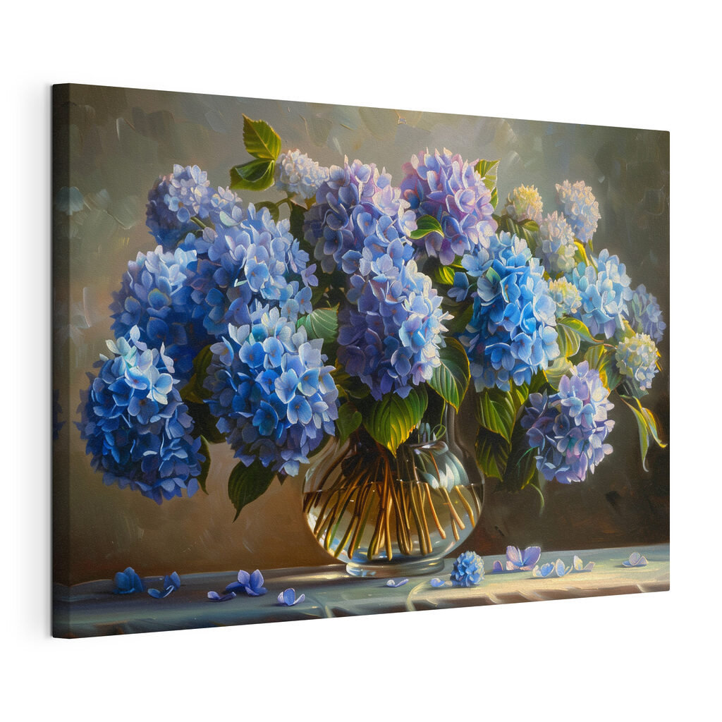 Hortensias azules en cristal, lienzo tensado con el borde envolvente