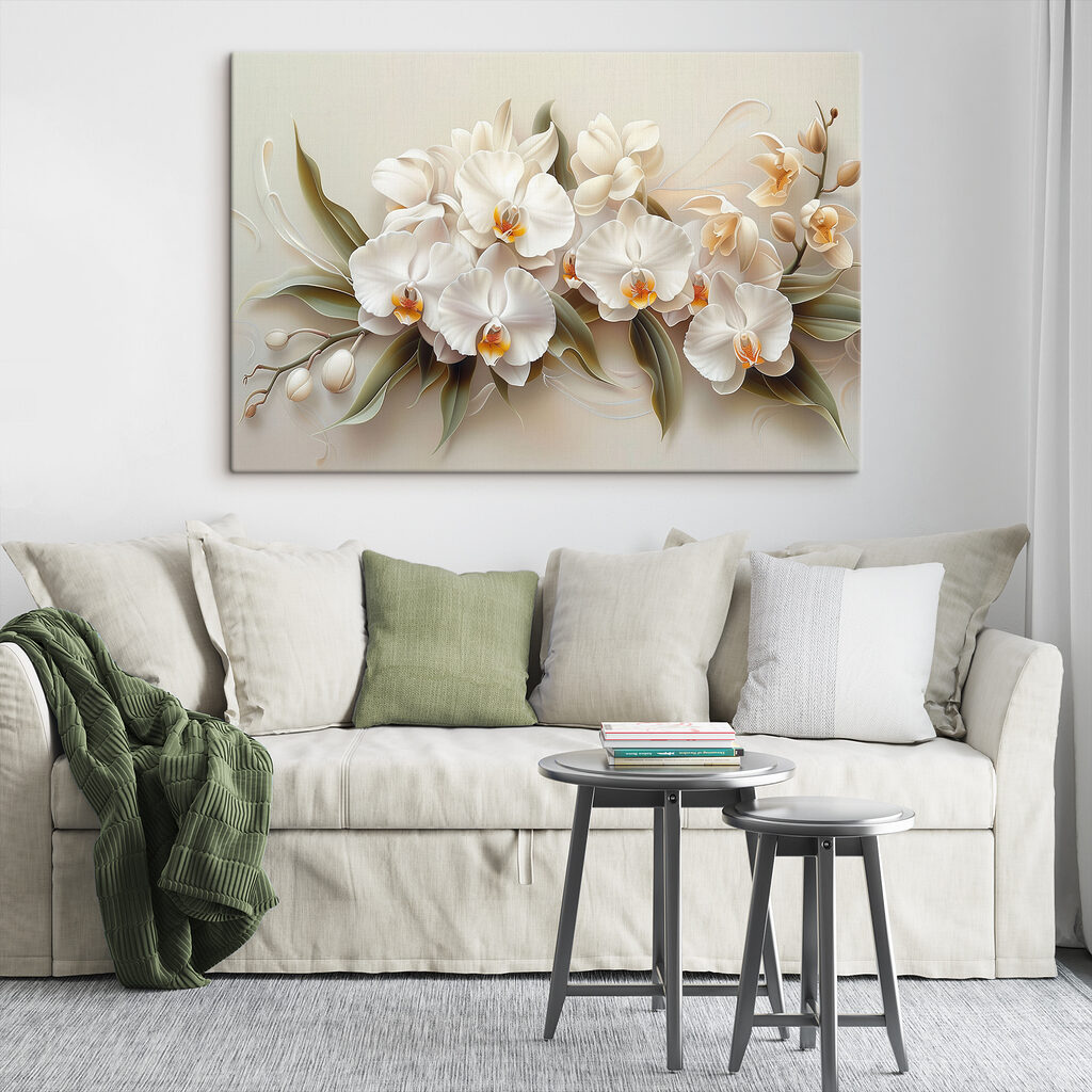 Orquídeas blancas redondeadas en un interior