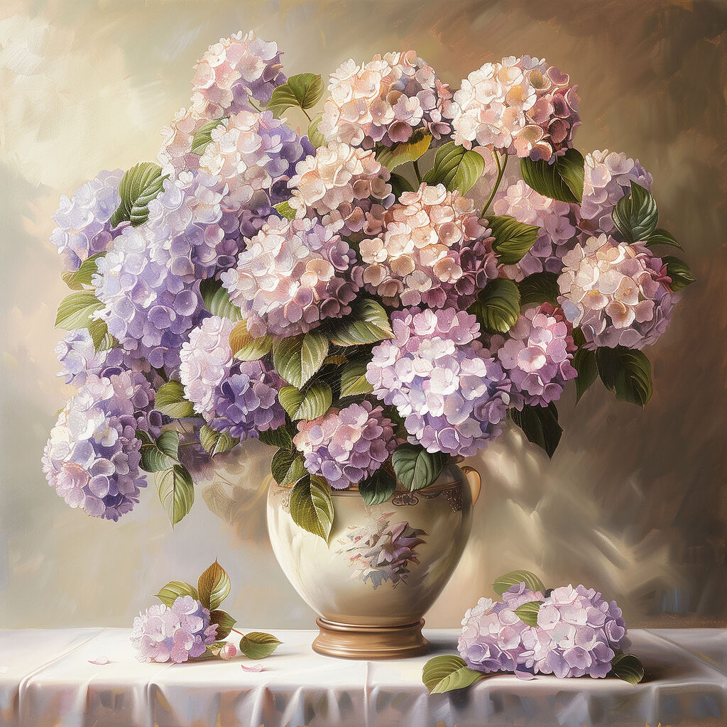 Hortensias lilas al atardecer — diseño completo