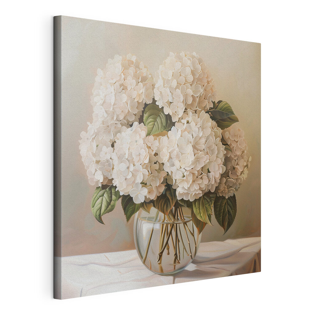 Hortensias blancas en silencio, lienzo tensado con el borde envolvente