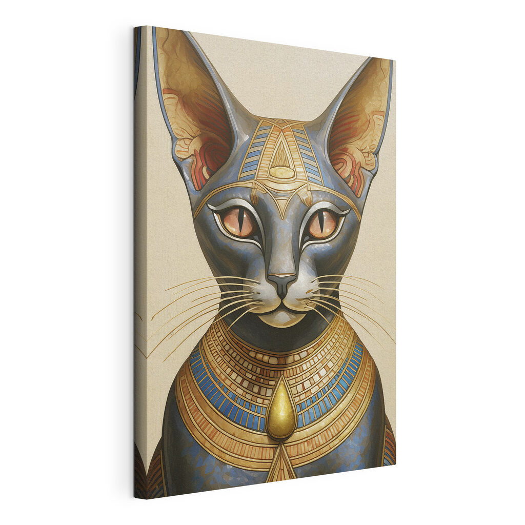 Gato con collar dorado, lienzo tensado con el borde envolvente