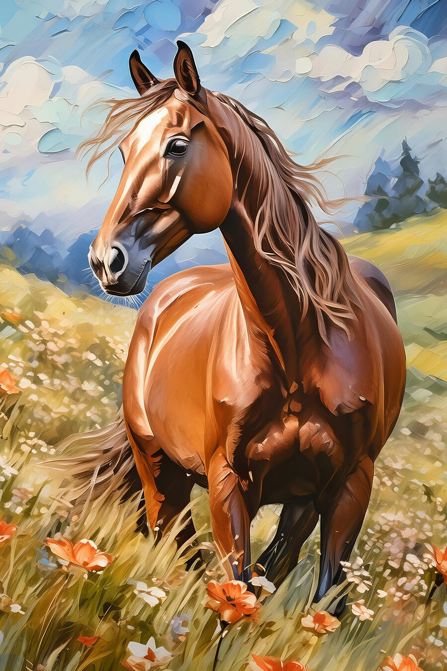 Caballo entre flores altas — diseño completo