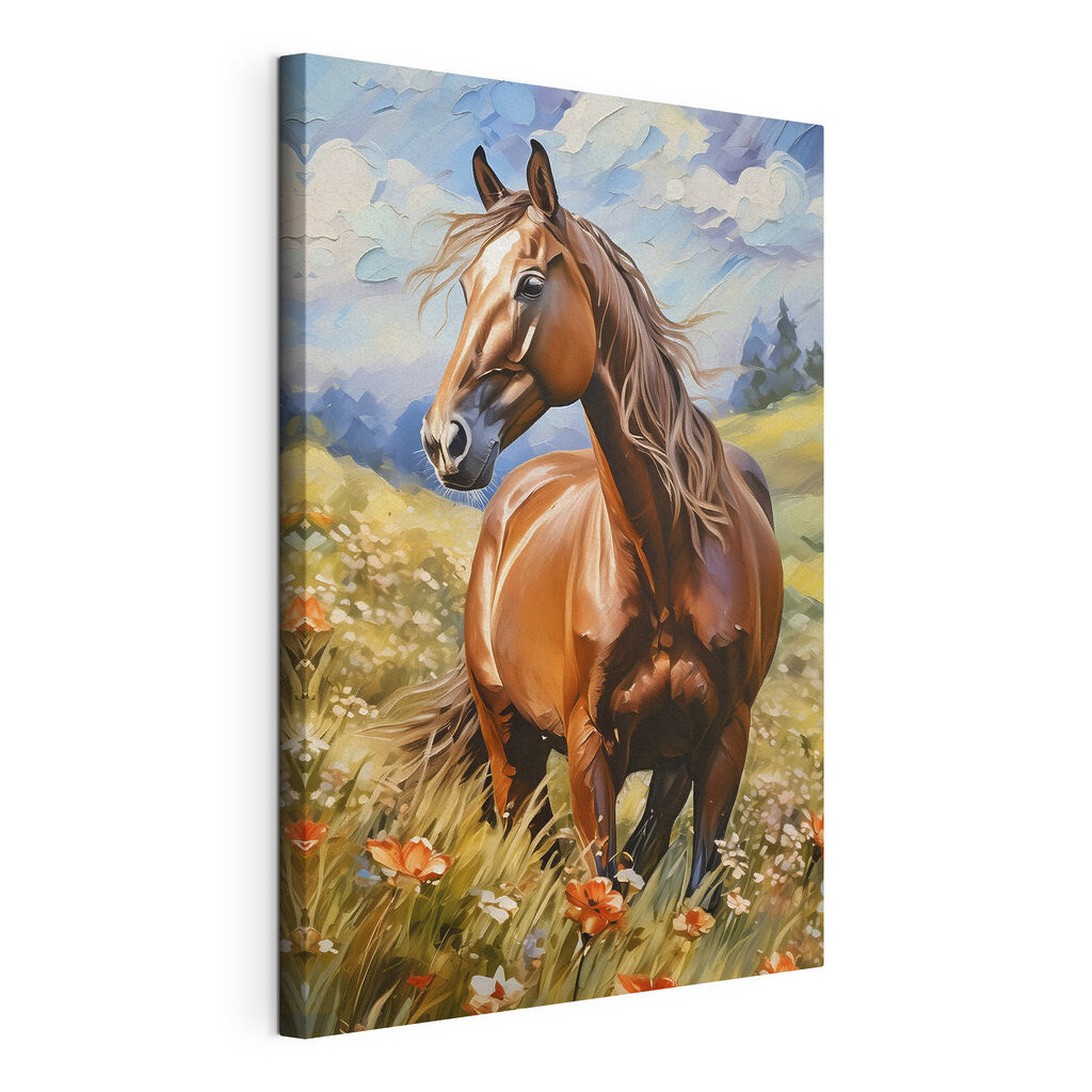 Caballo entre flores altas, lienzo tensado con el borde envolvente