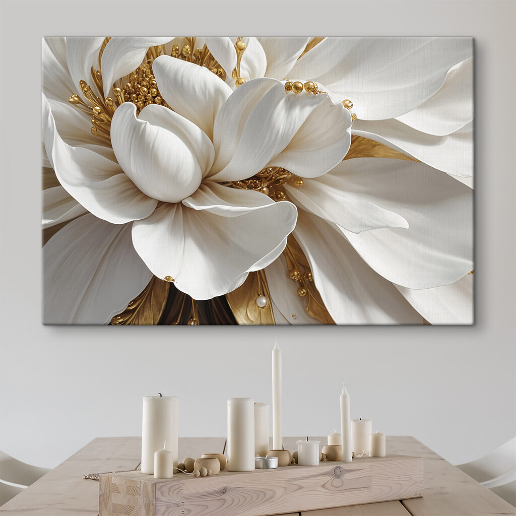 Flor blanca, corazón dorado en un interior