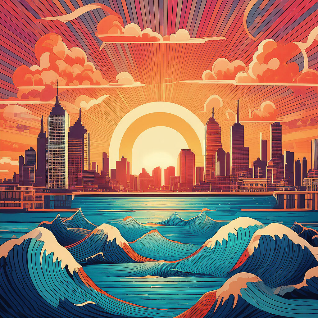 Ciudad sobre olas azules — diseño completo