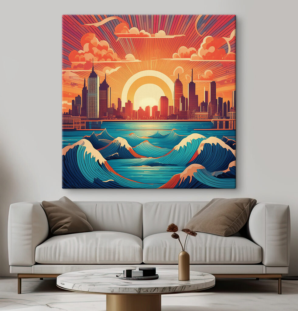 Ciudad sobre olas azules — interior 1