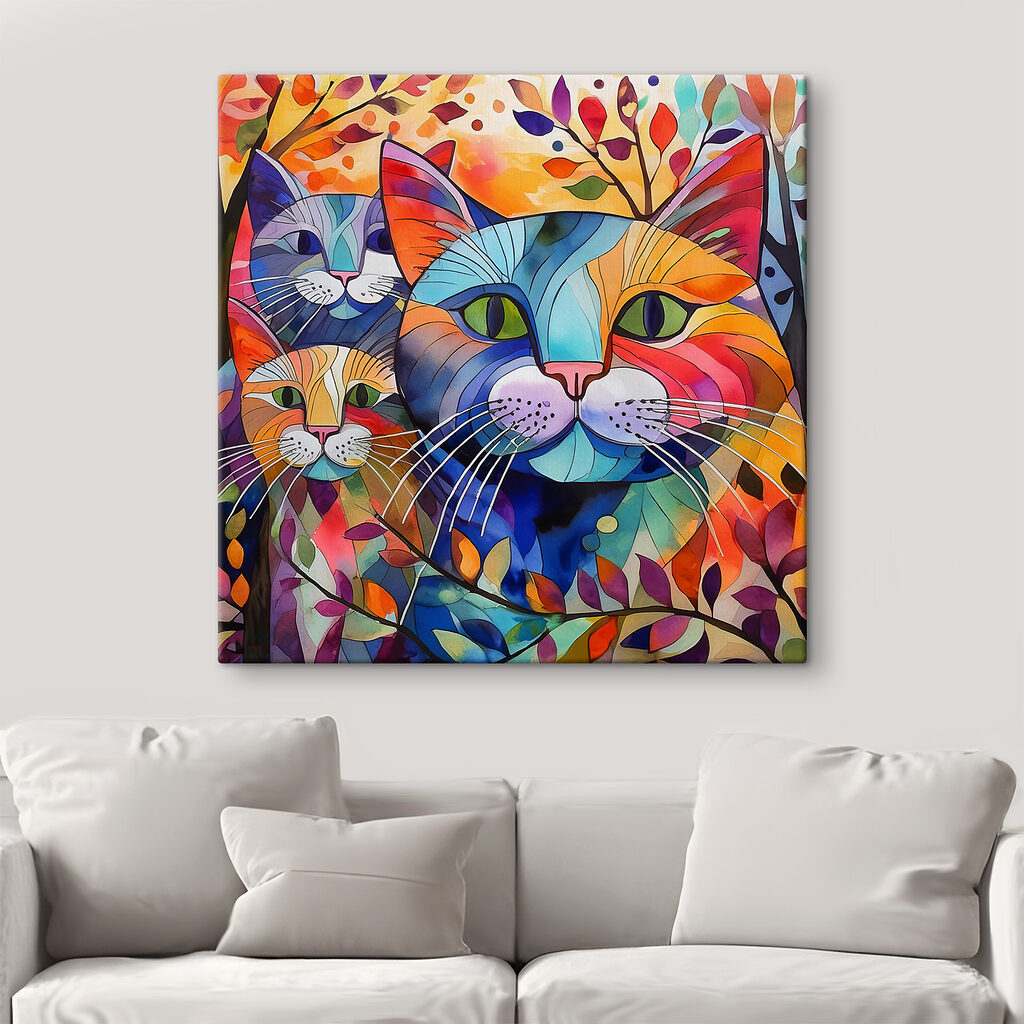 Tres gatos entre colores en un interior