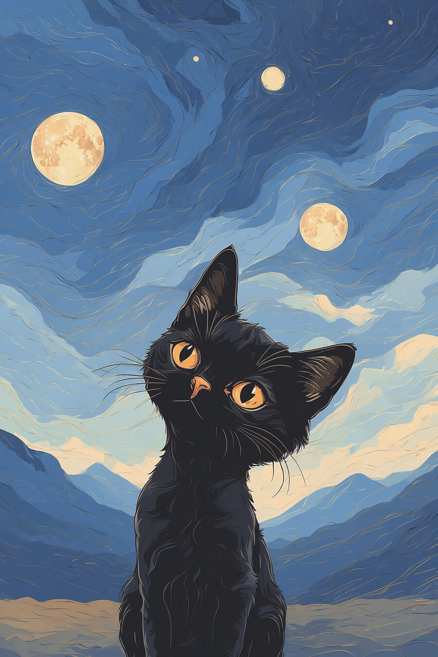 Gatito bajo tres lunas — diseño completo