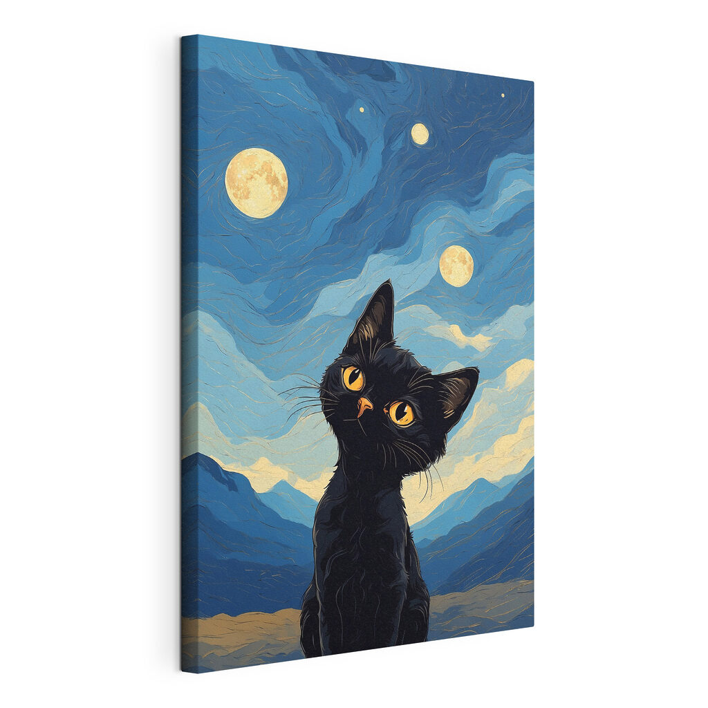 Gatito bajo tres lunas, lienzo tensado con el borde envolvente