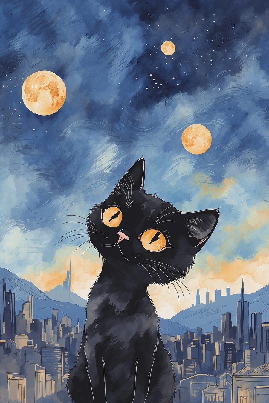 Gatito bajo las lunas — diseño completo