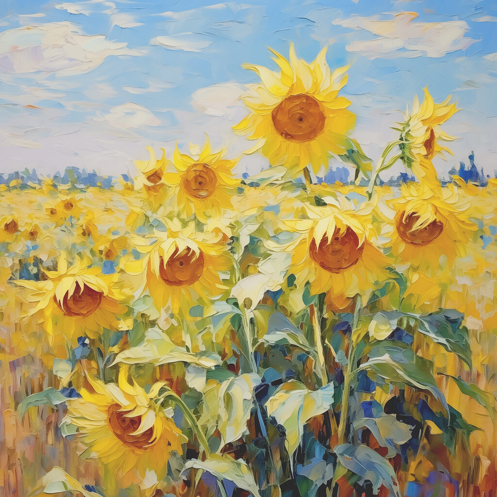 Girasoles bajo cielo azul — diseño completo