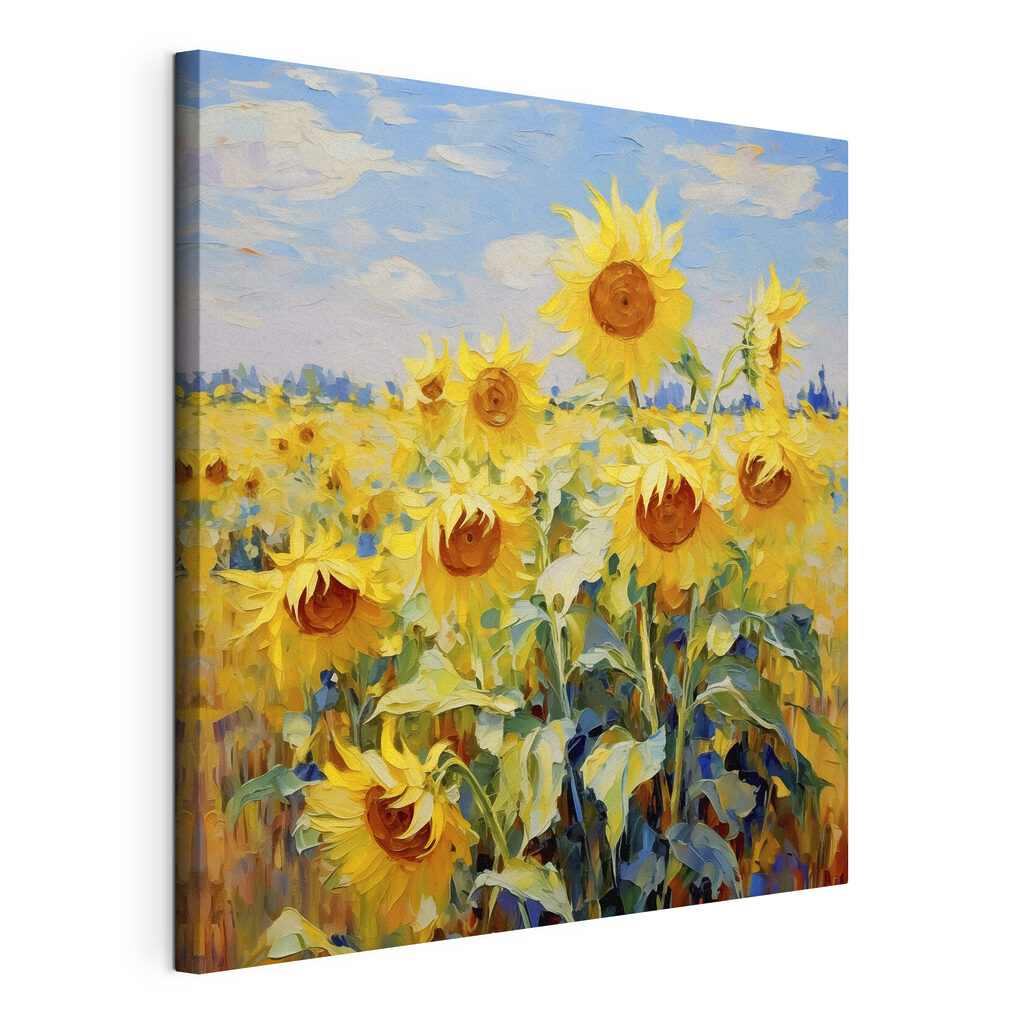 Girasoles bajo cielo azul, lienzo tensado con el borde envolvente