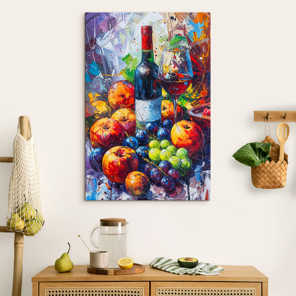 Vino entre frutas en un interior