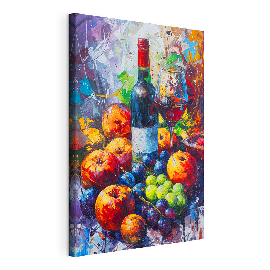 Vino entre frutas, lienzo tensado con el borde envolvente